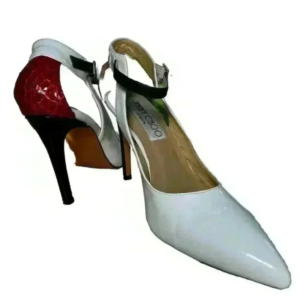 Jimmy Choo White Patent Leather w Black Ankle Strap Snakeskin Heel Pumps Size 39